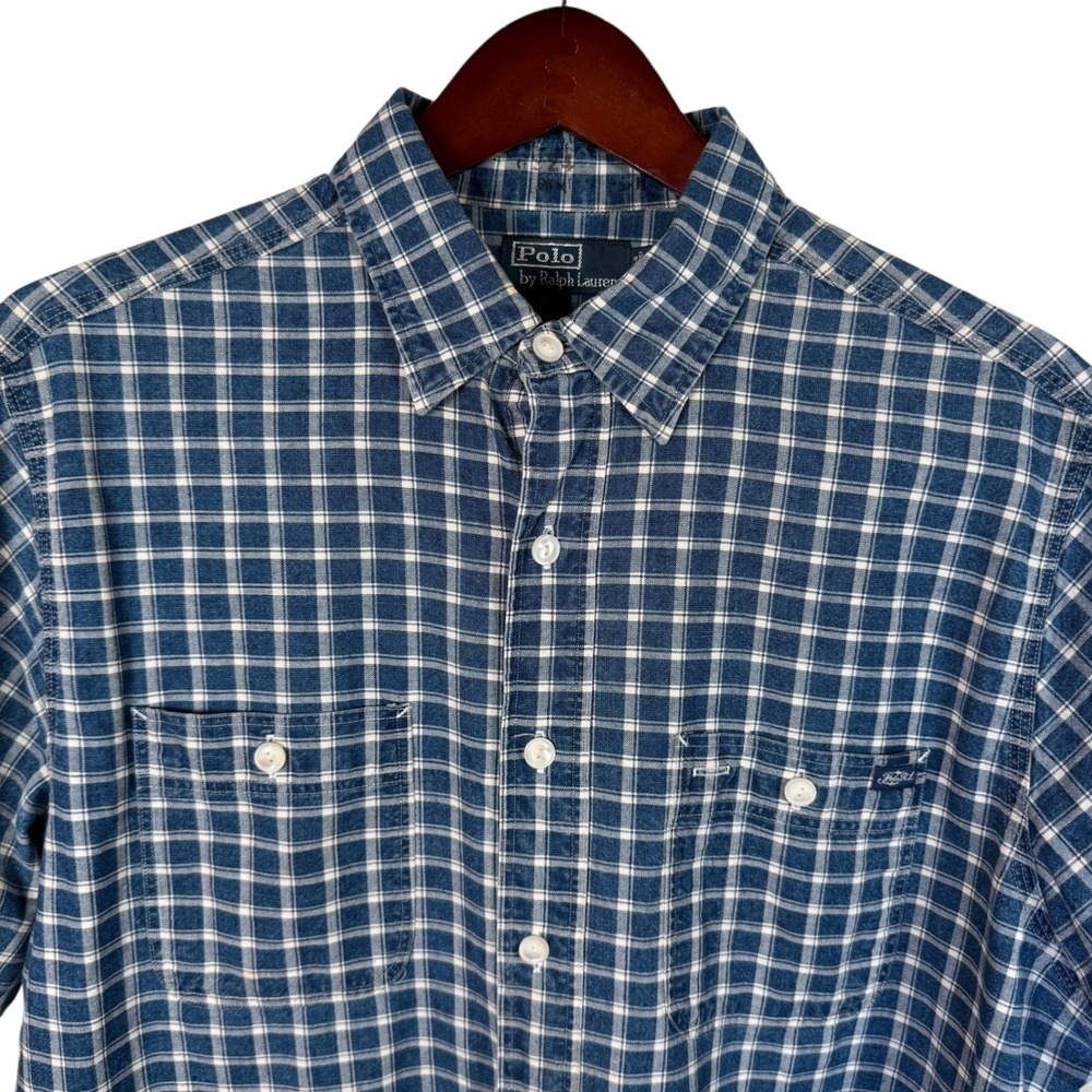VTG Polo Ralph Lauren Shipyard Supply Shirt Mens L Blue Plaid‎ Short Sleeve